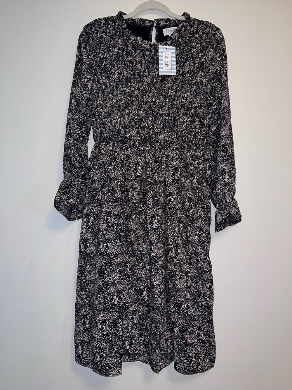 Tulip B Black & Beige Printed Midi Dress with Long Sleeves Modest